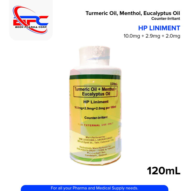 HP LINIMENT Turmeric Oil + Menthol + Eucalyptus Oil 10.0mg/2.9mg/2.0mg per 100ml Counter Irritant 120ml