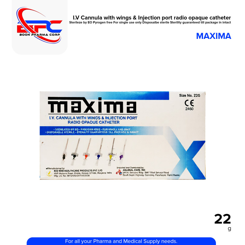 MAXIMA IV Cannula with Wings & Injection Port Radio Opaque Catheter Sterilized by EO Size No. 22G by 100's
