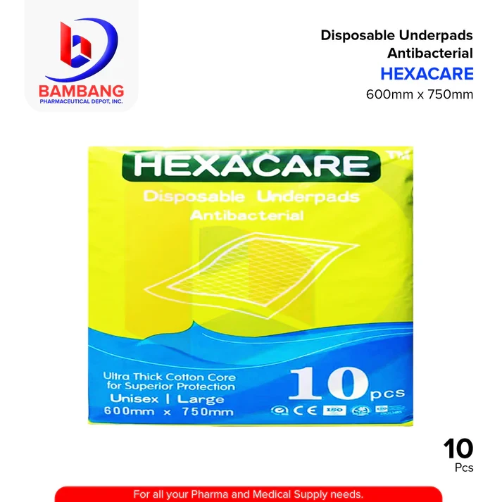 HEXACARE Disposable Underpads Antibacterial Ultra Thick Cotton Large Pieces 10's