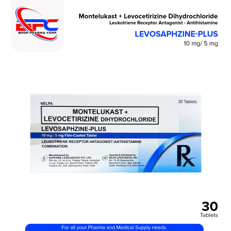 LEVOSAPHZINE-PLUS Montelukast + Levocetirizine Dihydrochloride 10mg/5mg Film Coated Tablet 30's