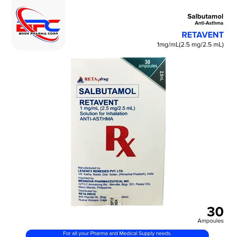 RETAVENT Salbutamol 1mg/ml (2.5mg/2.5ml) Solution For Inhalation Anti Asthma Ampoules 30's