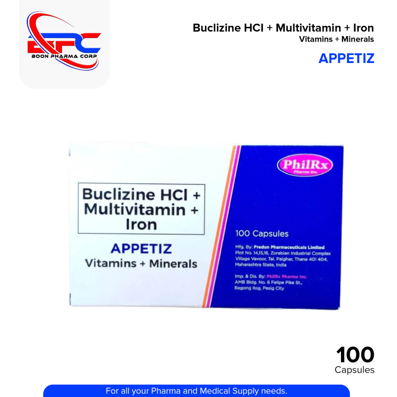 APPETIZ Buclizine HCI + Multivitamin + Iron Vitamins + Minerals Capsules 100's