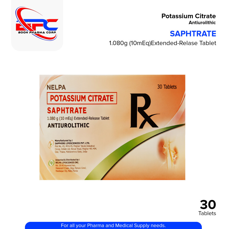 SAPHTRATE Potassium Citrate 1.080g (10mEq) Extended Release Tablet 30's