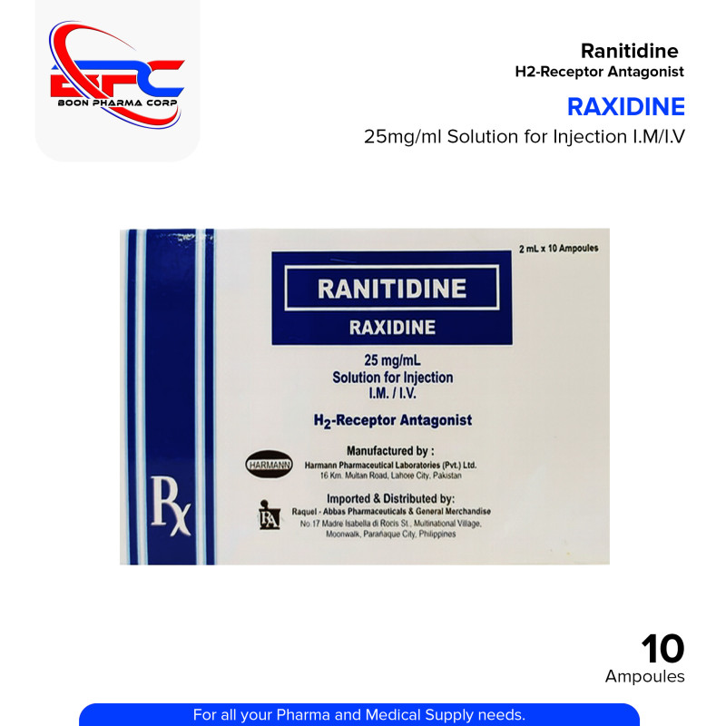 RAXIDINE Ranitidine 25mg/ml Solution for Injection I.M/I.V 2ml x 10 Ampoules