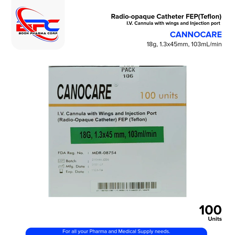 CANOCARE IV Cannula with Wings and Injection Port Radio Opaque Catheter 1.3x45mm Flowrate 90ml/min 18G 100's