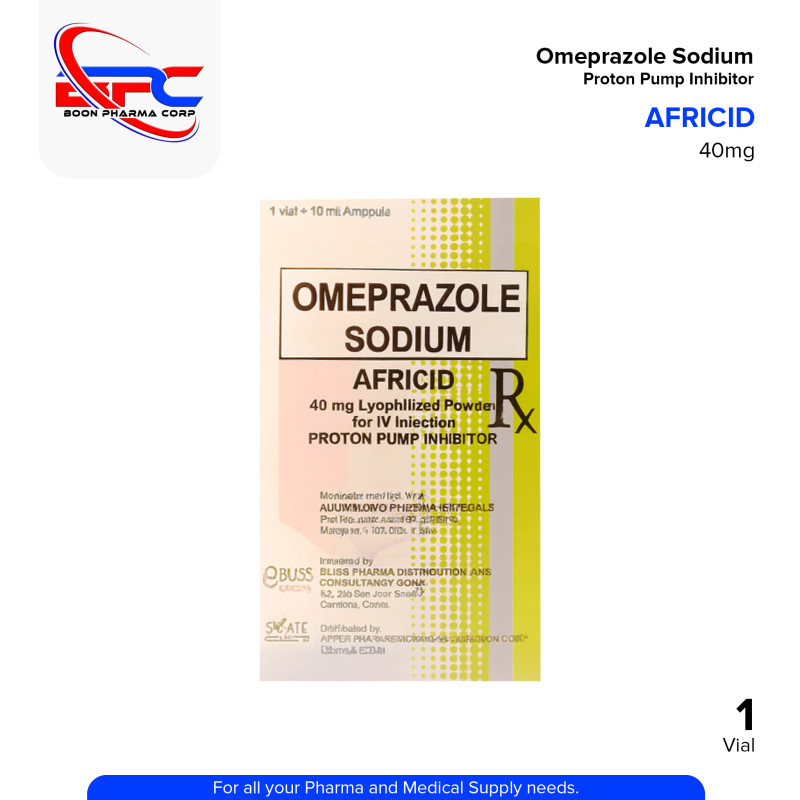 AFRICID Omeprazole Sodium 40mg Luophilized Powder for IV Injection 1 Vial + 10ml Ampoules