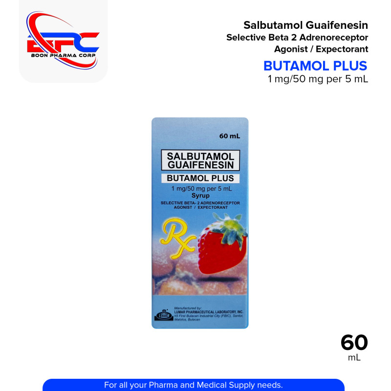 BUTAMOL PLUS Salbutamol Guaifenesin 1 mg / 50 mg per 5 mL Selective Beta 2 Adrenoreceptor Agonist / Expectorant 60mL