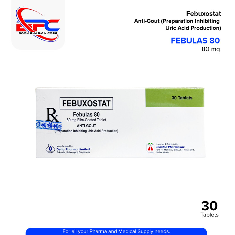 FEBULAS 80 Febuxostat Anti Gout Preparation Inhibiting Uric Acid Production 80 mg Film Coated Tablet 30's