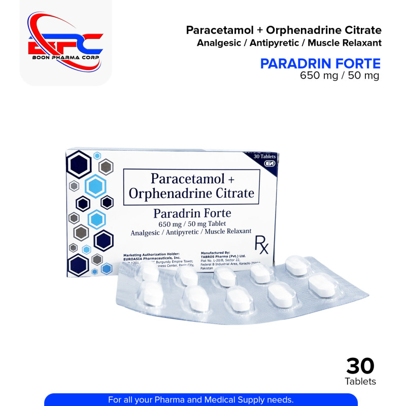 PARADRIN FORTE Paracetamol + Orphenadrine Citrate Analgesic Antipyretic Muscle Relaxant 650 mg / 50 mg Tablet 30's
