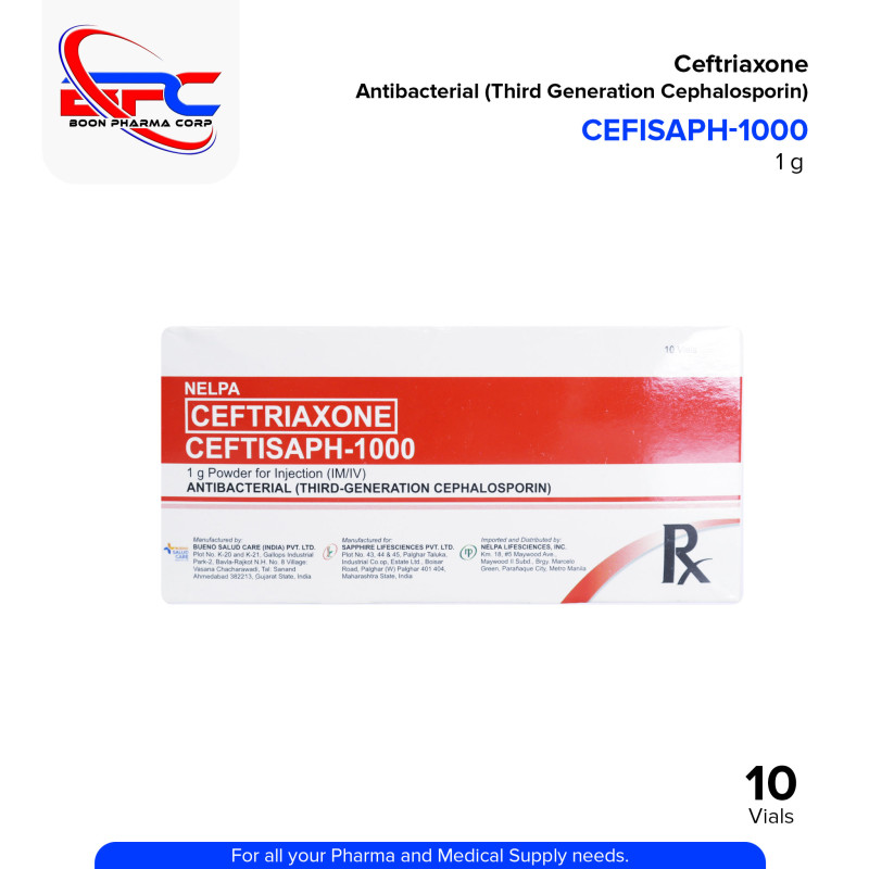 CEFTISAPH 1000 Ceftriaxone 1g Powder For Injection (IM/IV) Antibacterial Vial 10's