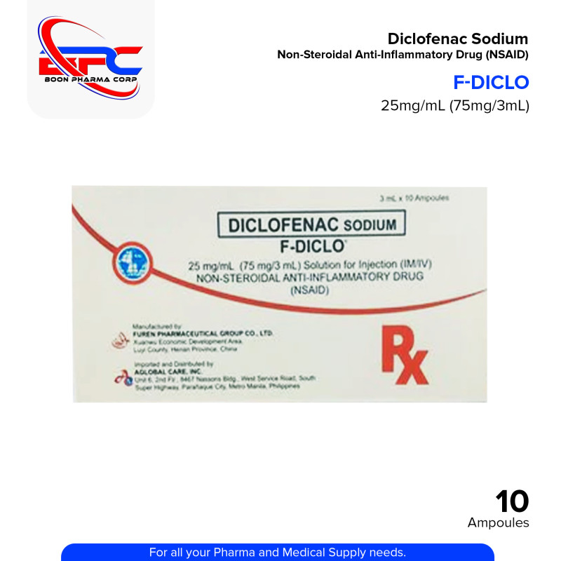 F-DICLO Diclofenac Sodium 25mg/ml (75mg/3ml) Solution for Injection (NSAID) 3ml x Ampoule 10's