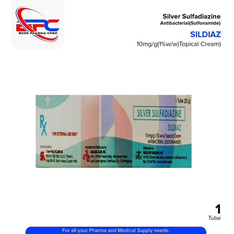 SILDIAZ Silver Sulfadiazine 10mg/g (1% w/w) Topical Antibacterial Cream 1 Tube 20g