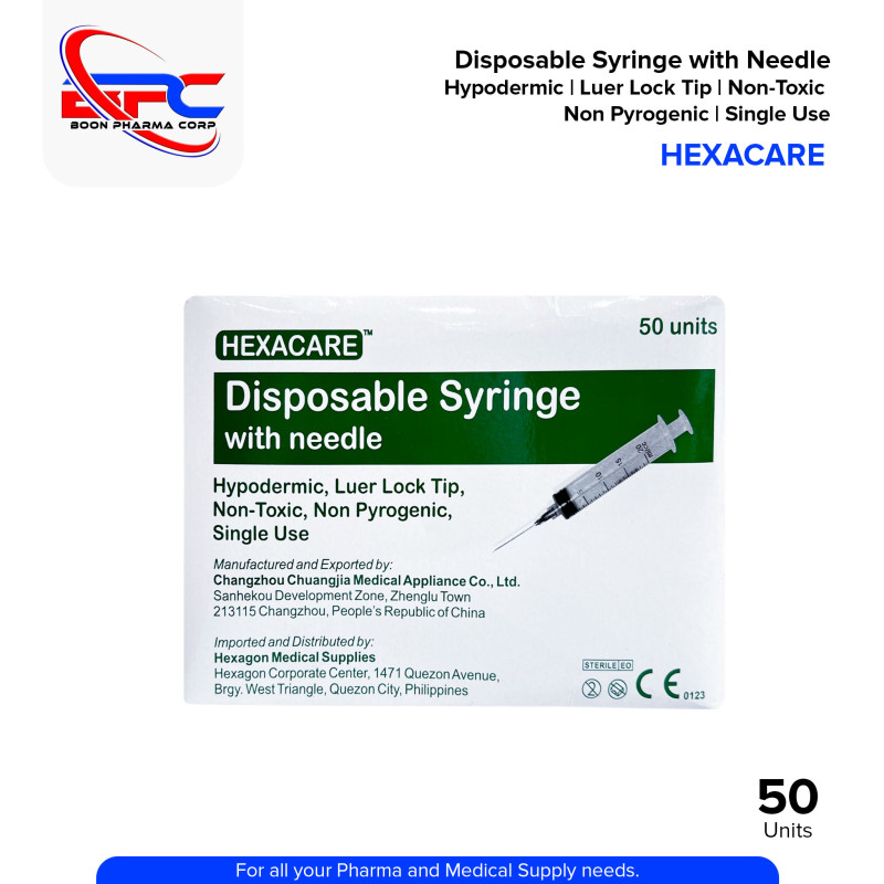 HEXACARE Disposable Syringe with Needle Hypodermic Luer Lock Tip Non Toxic Non Pyrogenic and Single Use Unit 50's