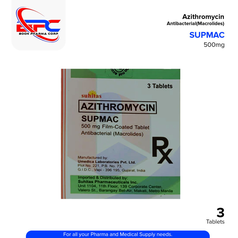 SUPMAC Azithromycin 500mg Film Coated Antibacterial Tablet 3's