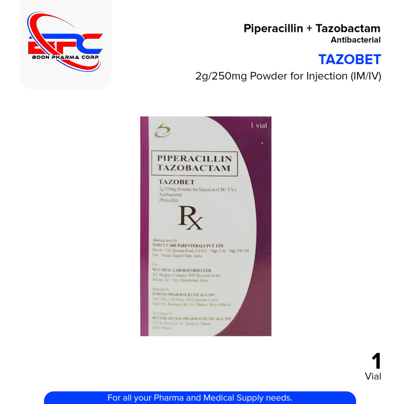 TAZOBET Piperacillin + Tazobactam 2g/250mg Powder for Injection (IM/IV) Antibacterial Vial 1's