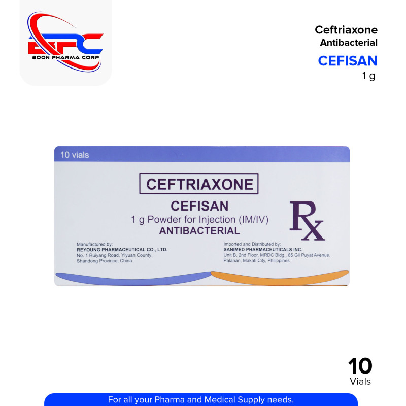 CEFISAN Ceftriaxone 1g Powder For Injection (IM/IV) Antibacterial Vials 10's