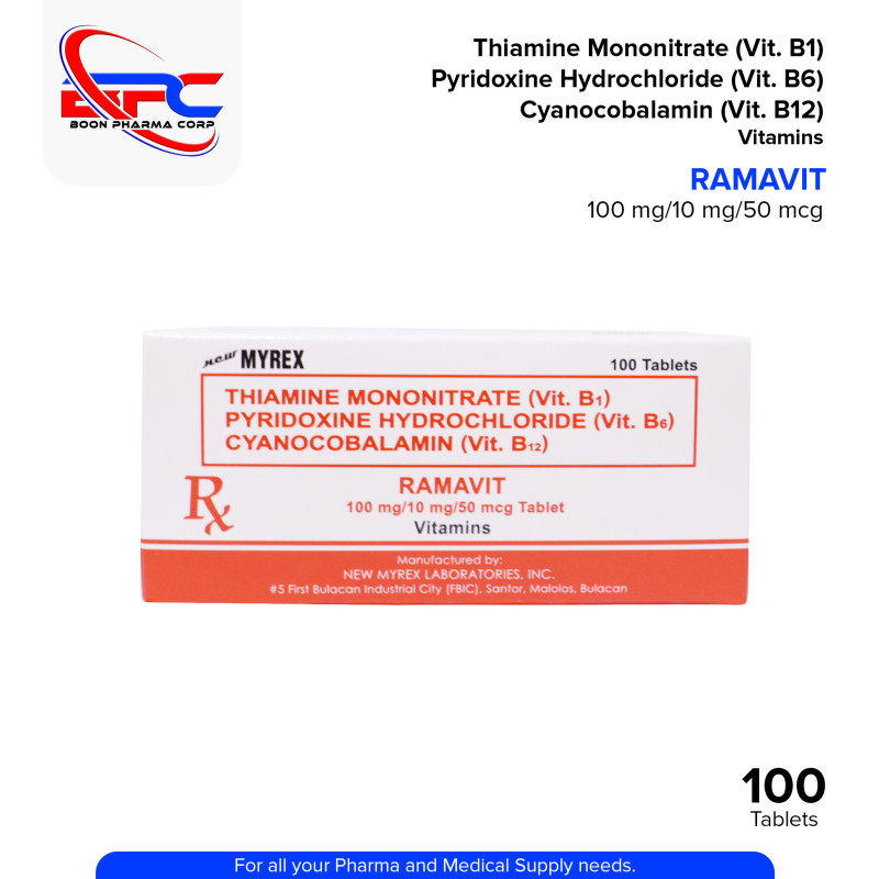 RAMAVIT Thiamine Mononitrate VITAMIN B1 Pyridoxine Hydrochloride VITAMIN B6 Cyanocobalamin VITAMIN B12 100mg/10g/50mcg Tablet 100's