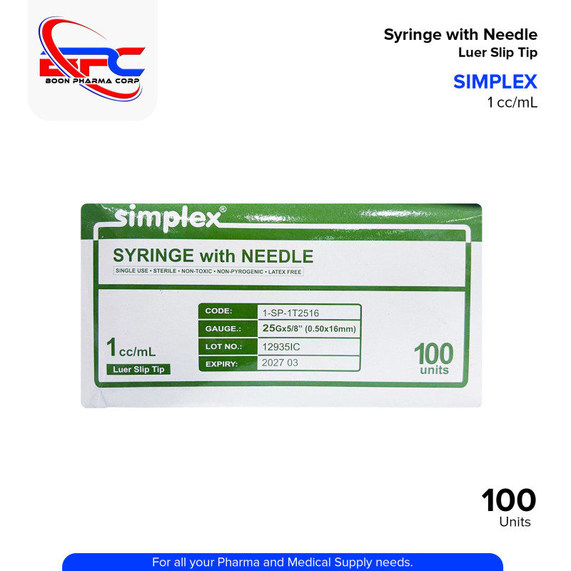 Syringe with Needle (Simplex) 25g 5/8 (0.5x16mm) Tuberculin 1CC Units 100's