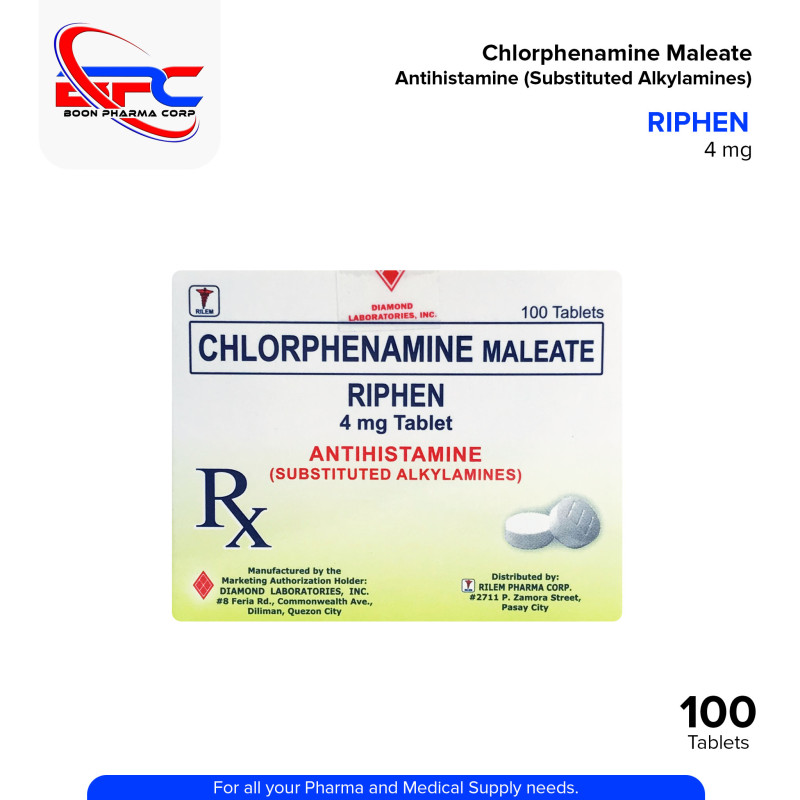 RIPHEN Chlorphenamine Maleate 4 mg Antihistamine Substituted Alkylamines 100's