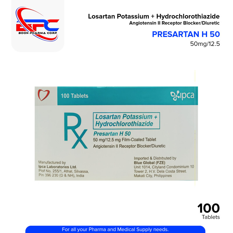 PRESARTAN H 50 Losartan Potassium + Hydrochlorothiazide 50mg/12.5mg Film Coated Tablet 100's