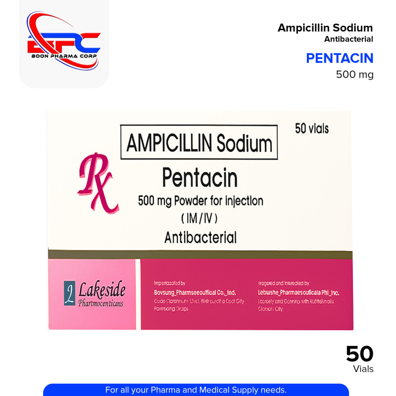 PENTRACIN Ampicillin Sodium 500mg Powder for Injection (IM/IV) Antibacterial Vial 50's
