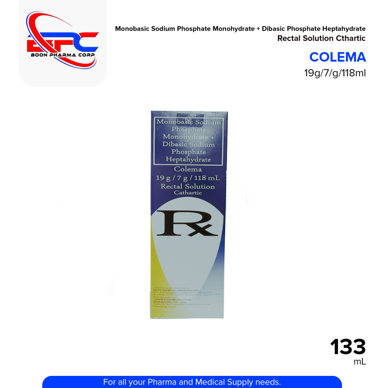 COLEMA Monobasic Sodium Phosphate Monohydrate + Dibasic Phosphate Heptahydrate 19g/7/g/118ml Rectal Solution Cthartic